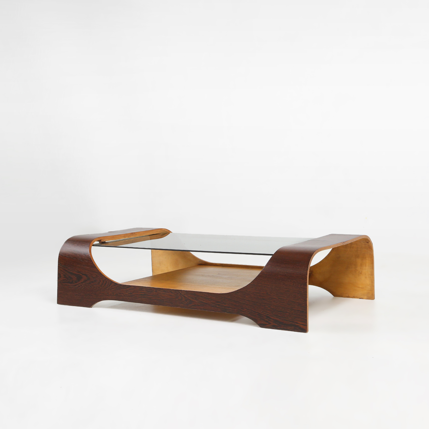 French mid-century coffee table in curved wenge plywood with glass top, 1960sthumbnail